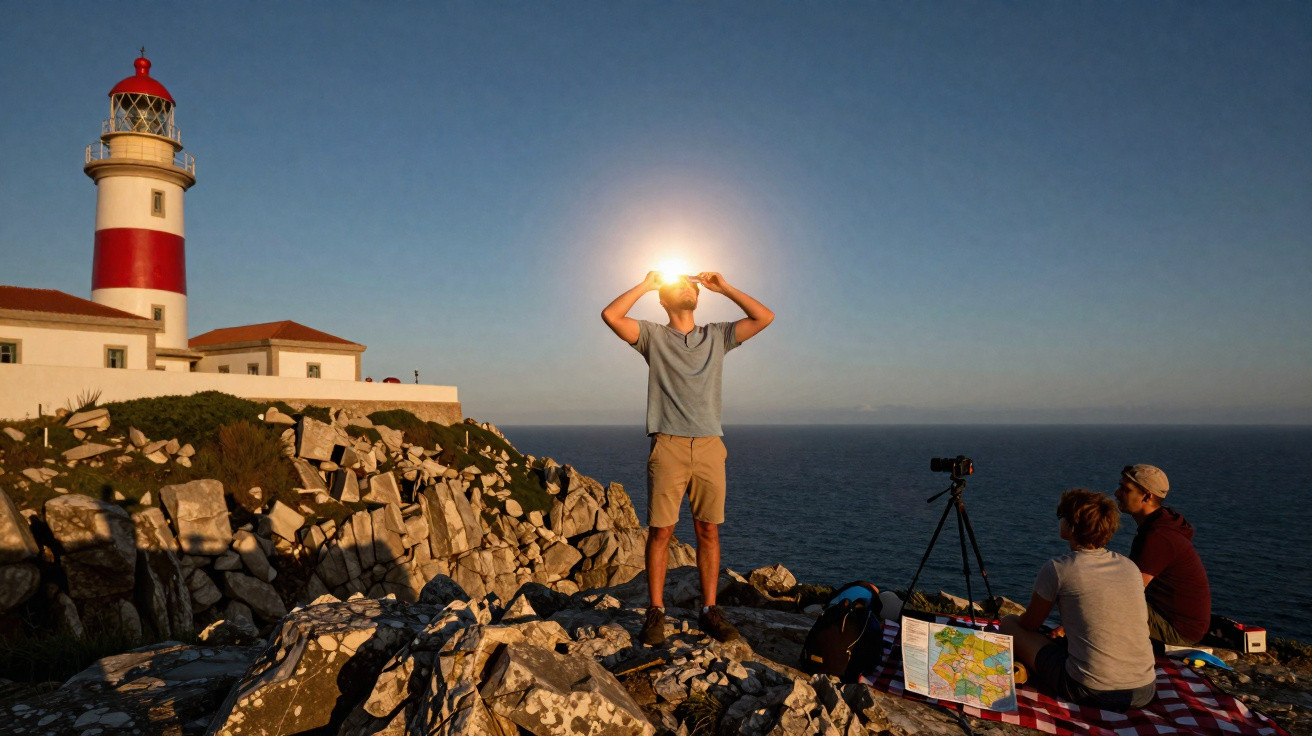 Homem em penhasco junto ao mar segurando o sol ao pôr do sol, com farol e duas pessoas sentadas em toalha.