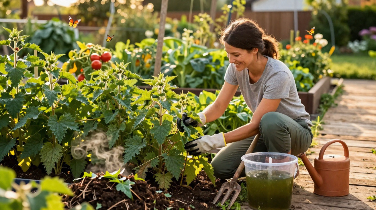 Mulher cuidando de plantas em jardim, cercada por flores, com regador e ferramentas ao redor.