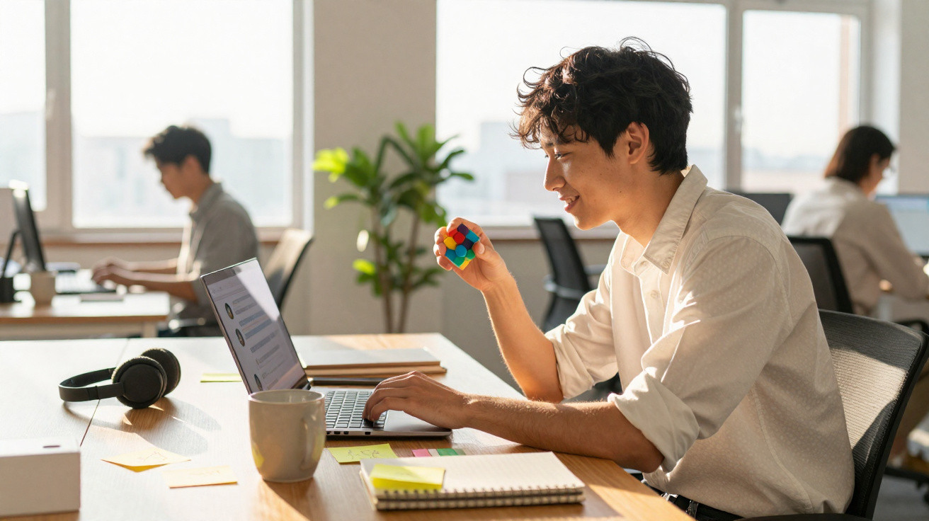 Jovem sorri enquanto resolve cubo mágico em escritório moderno com laptop e colegas ao fundo.
