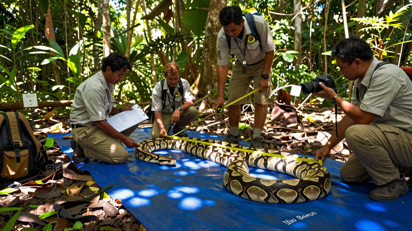 Quatro pesquisadores medem e fotografam uma grande jiboia sobre lona azul em floresta densa.