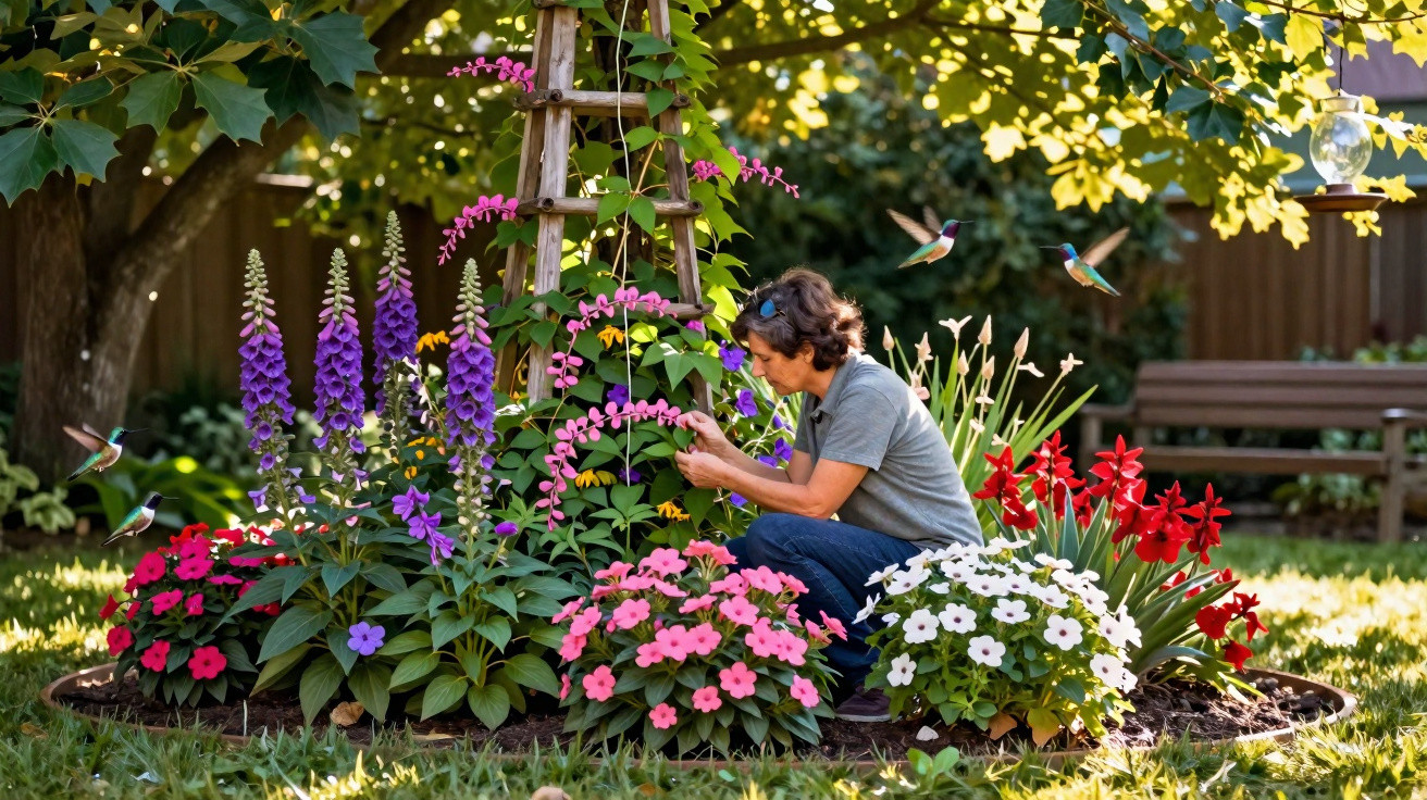 Pessoa cuidando de flores em canteiro colorido, com beija-flores voando ao redor no jardim ao entardecer.