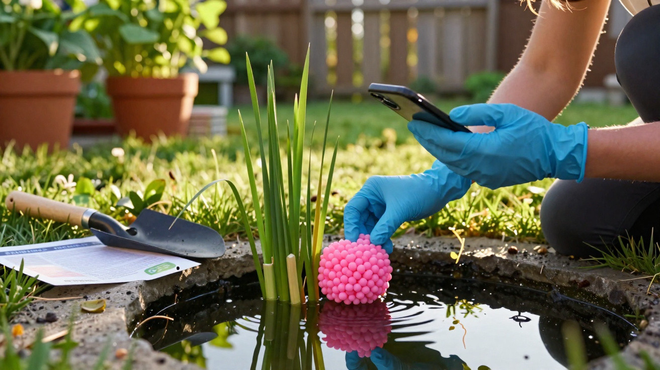 Pessoa com luvas azuis segurando celular e esfera rosa perto de lagoa artificial no jardim.