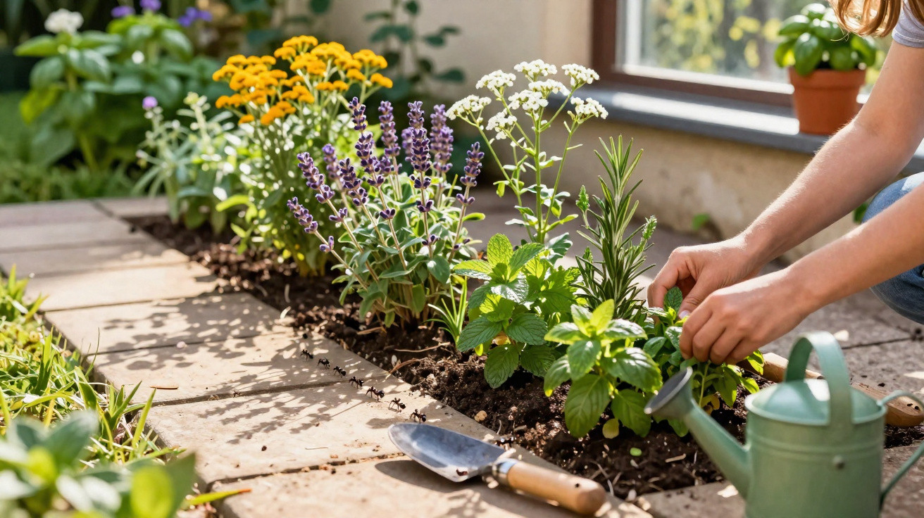 Pessoa cuidando de hortaliças e flores coloridas em canteiro com regador e pá de jardinagem.
