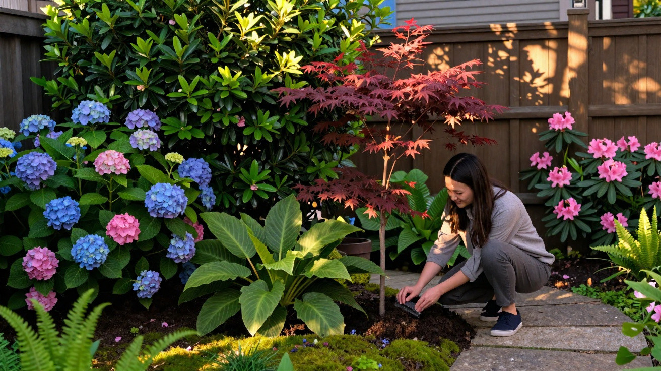 Mulher cuidando de plantas coloridas em jardim com arbustos e flores ao lado de cerca de madeira.