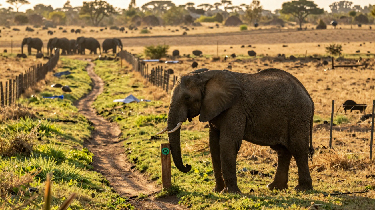Elefante jovem na beira de uma trilha cercada por cercas em paisagem de savana ao entardecer.