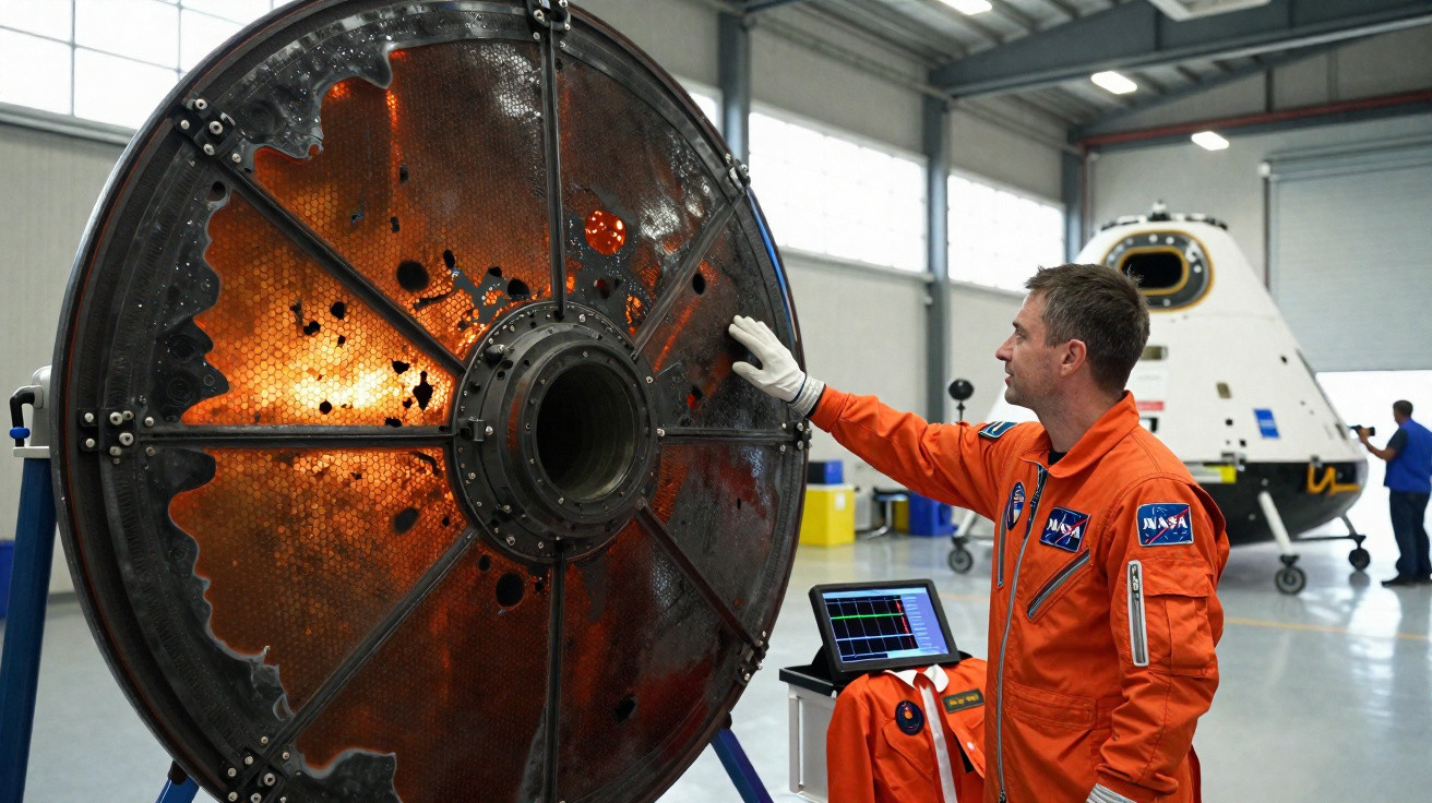 Homem com macacão laranja da NASA examina peça queimada de nave espacial em hangar.