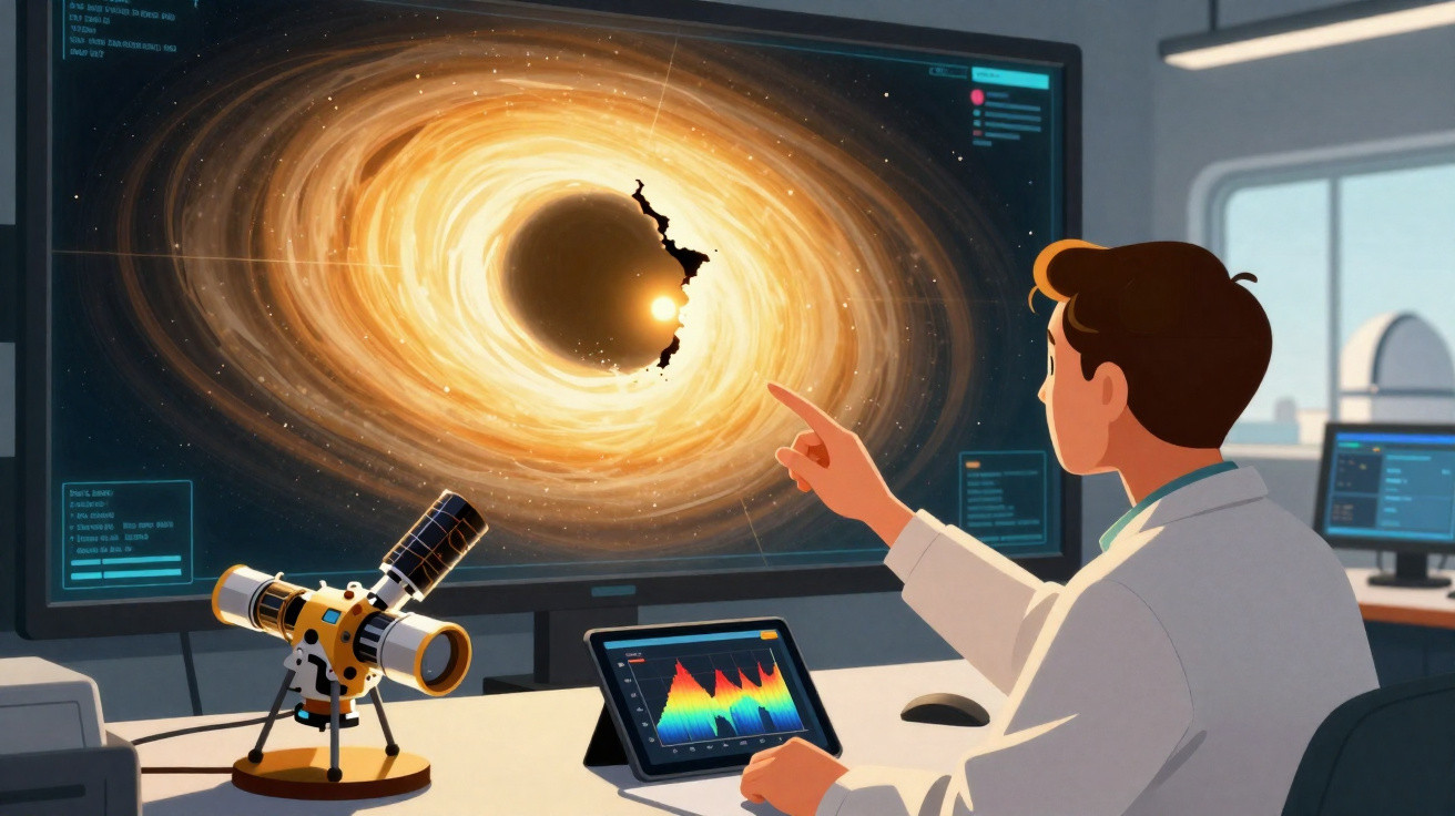 Cientista observa buraco negro em grande tela com telescópio e gráficos em laboratório moderno.