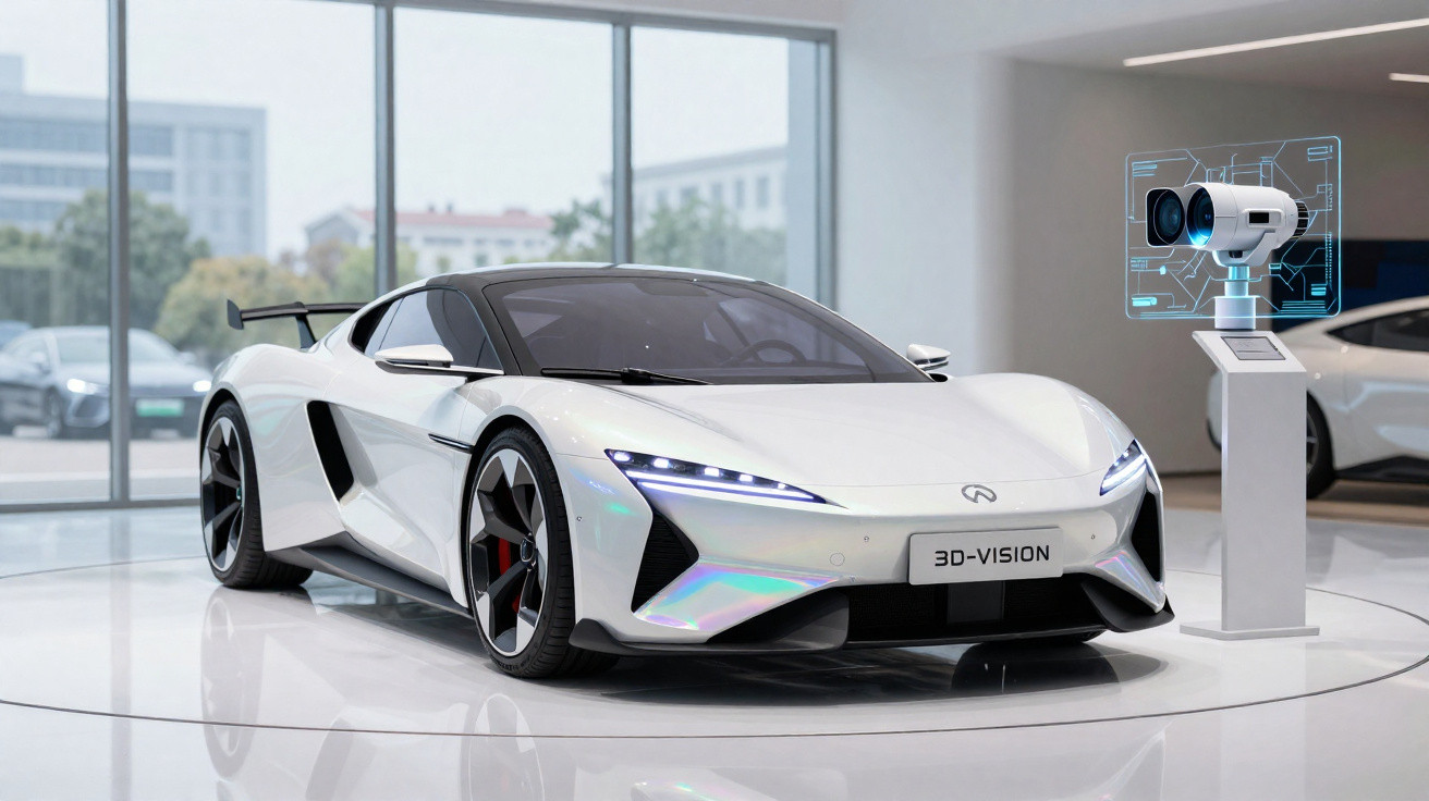 Carro esportivo branco exposto em showroom moderno com monitor holográfico ao lado.