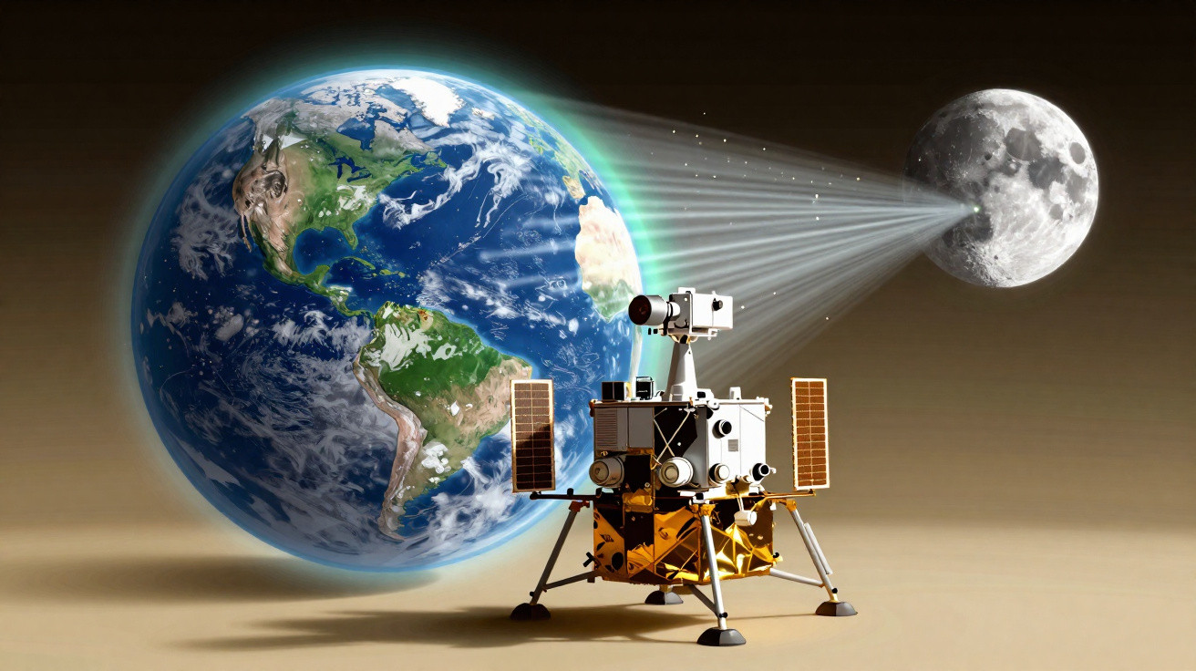 Sonda espacial capturando imagens da Lua com a Terra ao fundo no espaço sideral.