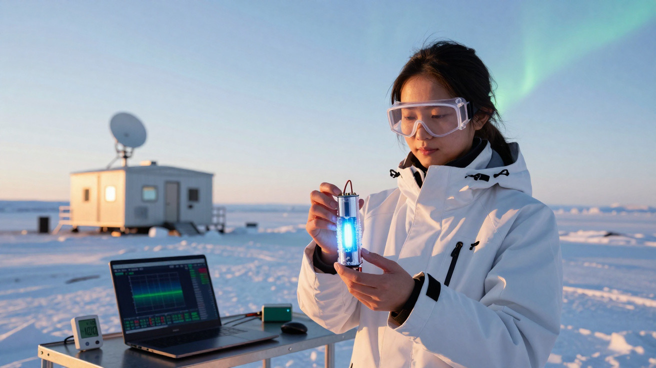 Mulher com jaleco branco e óculos de proteção segura equipamento luminoso em região nevada com laptop e estação ao fundo.
