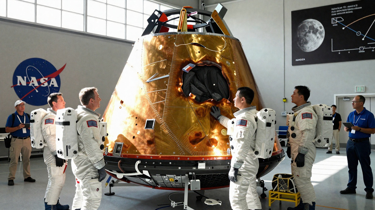 Astronautas em trajes espaciais ao redor de módulo dourado da NASA dentro de instalação de treinamento.