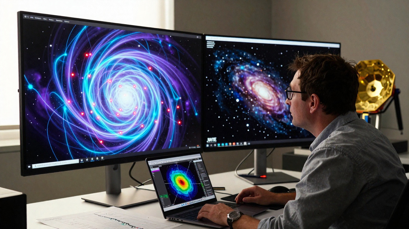 Homem analisa imagens digitais de galáxias em dois monitores grandes e um notebook em mesa de trabalho.