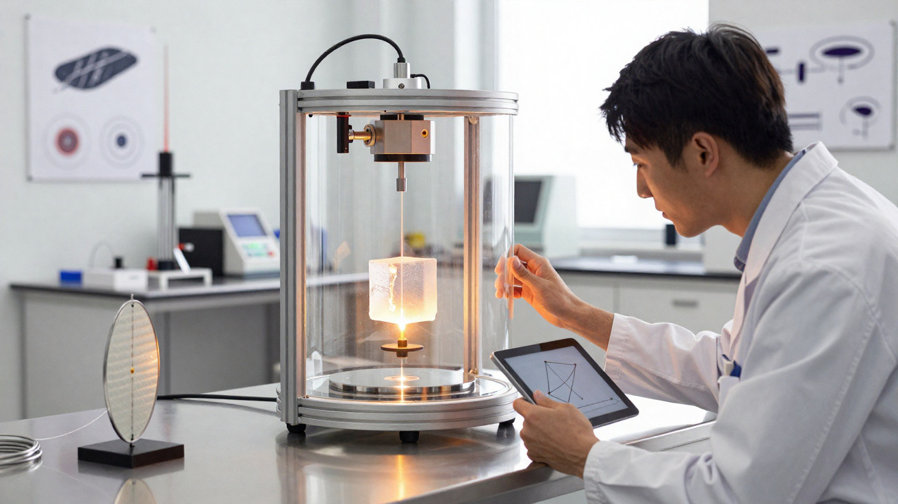 Cientista observa experimento com cubo iluminado dentro de dispositivo cilíndrico em laboratório moderno.