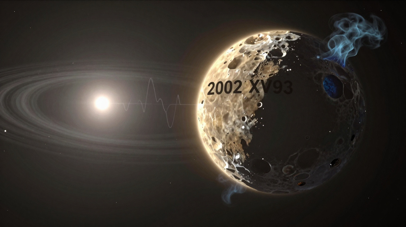 Planeta iluminado com crateras e fumaça, parcialmente escuro, com o texto 2002 XV93 no espaço.