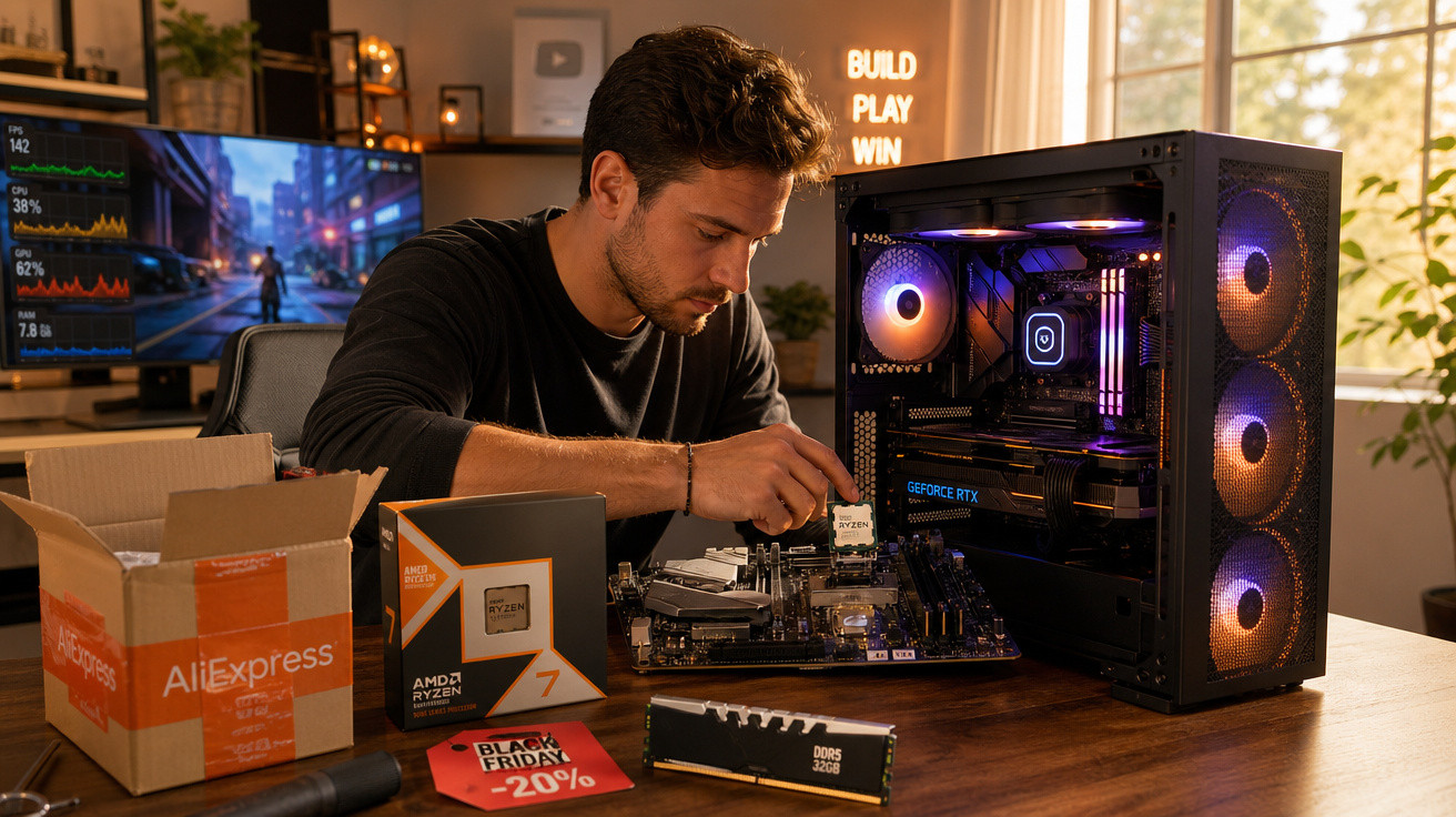 Homem montando computador com peças AMD Ryzen 7, memória RAM e caixa com iluminação RGB.