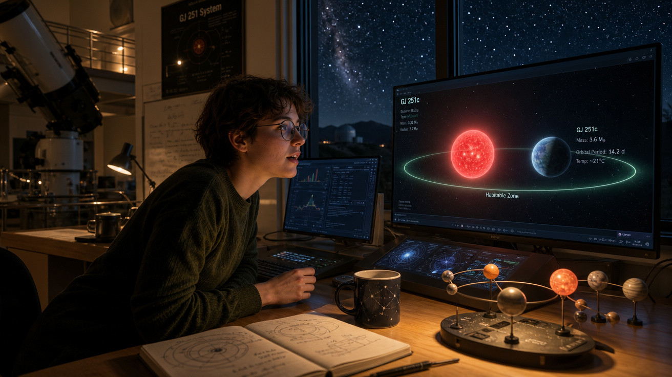Pessoa observando gráficos de sistema planetário em computador, ambiente de estudo com telescópio e mini planetário.