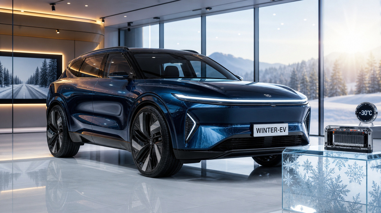 Carro elétrico azul escuro em showroom moderno com paisagem de inverno e termômetro marcando -30°C.
