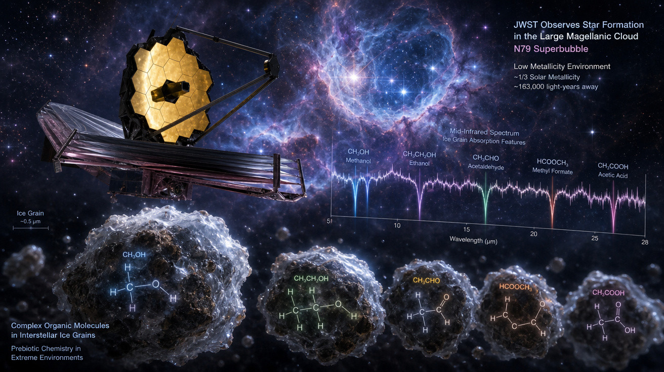 Telescópio JWST observando formação estelar e moléculas orgânicas na Nuvem de Magalhães, 163 mil anos-luz distante.