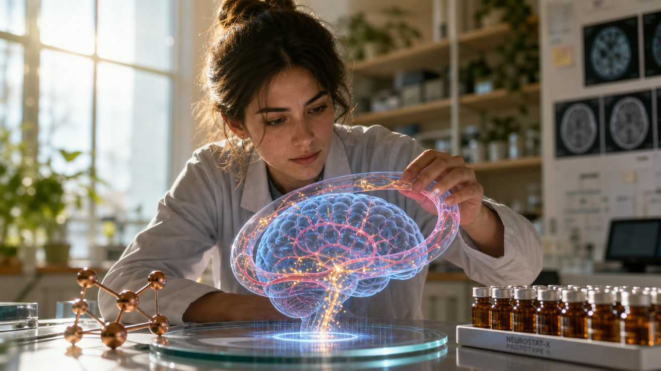 Pesquisadora em laboratório interage com projeção holográfica 3D de cérebro humano iluminado.