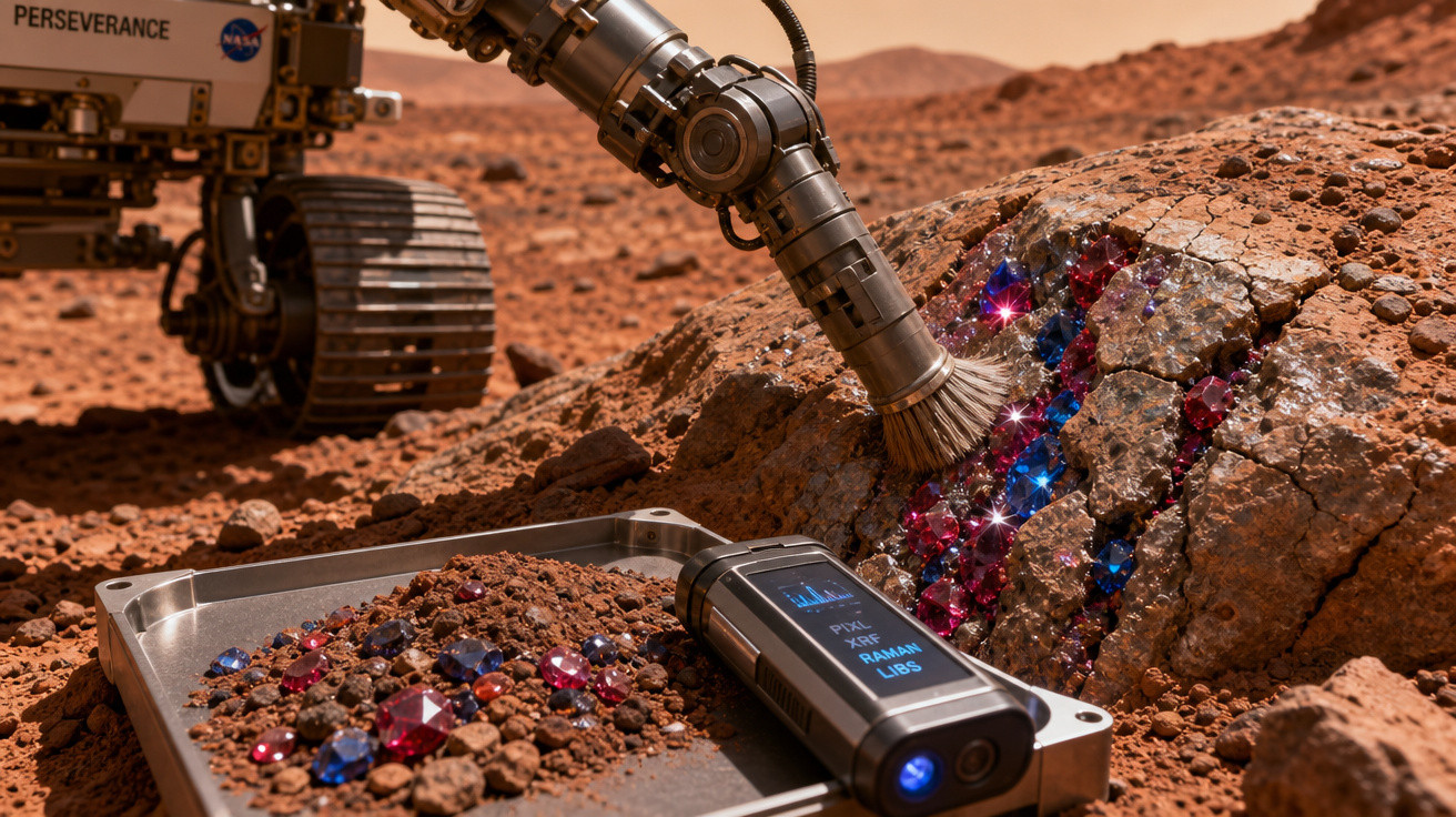 Rover Perseverance da NASA limpando e analisando pedra com minerais brilhantes no solo marciano.