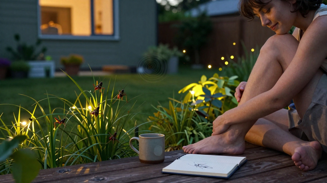 Pessoa sentada no jardim ao entardecer com caderno, caneca e vaga-lumes iluminando o ambiente.