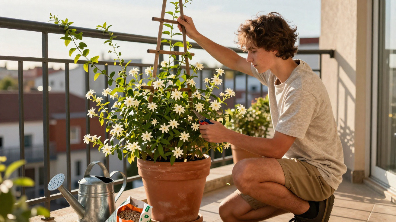 Jovem cuidando de planta com flores brancas em vaso grande na varanda durante o dia.