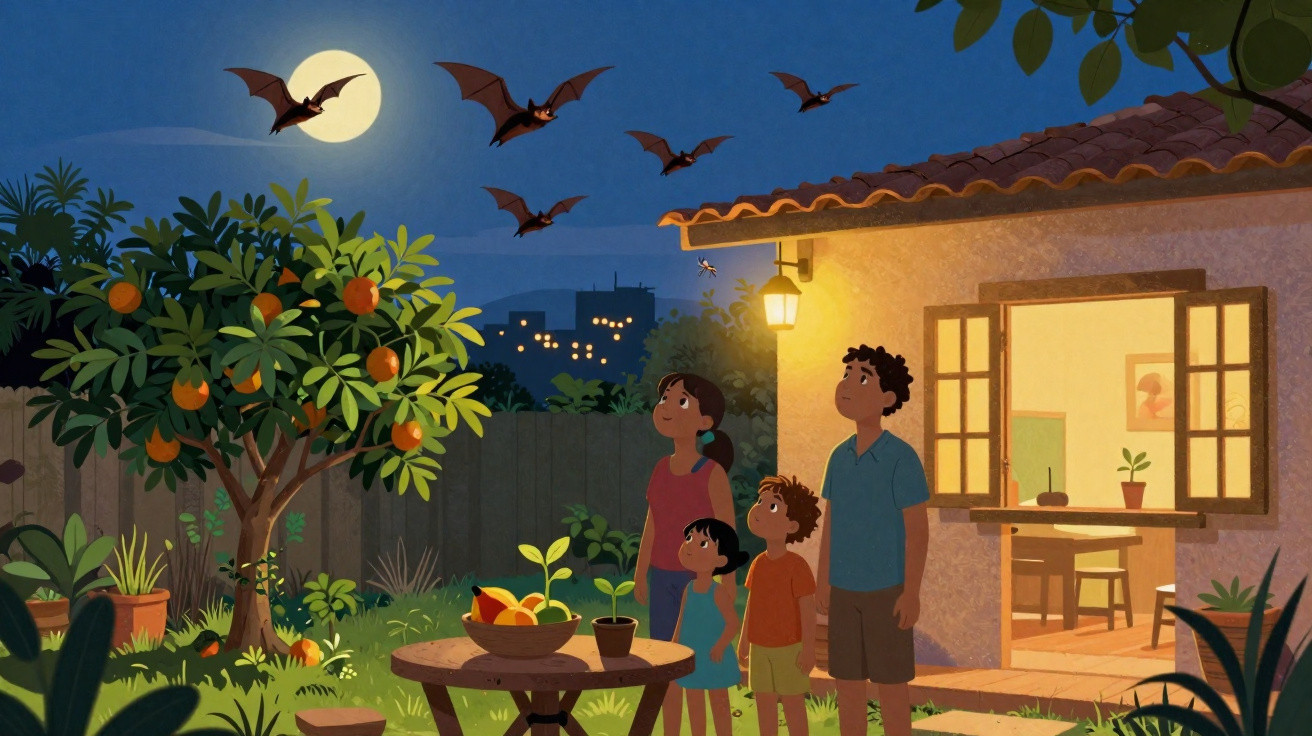 Família observa morcegos voando à noite em jardim iluminado por luz de casa e luar cheio.