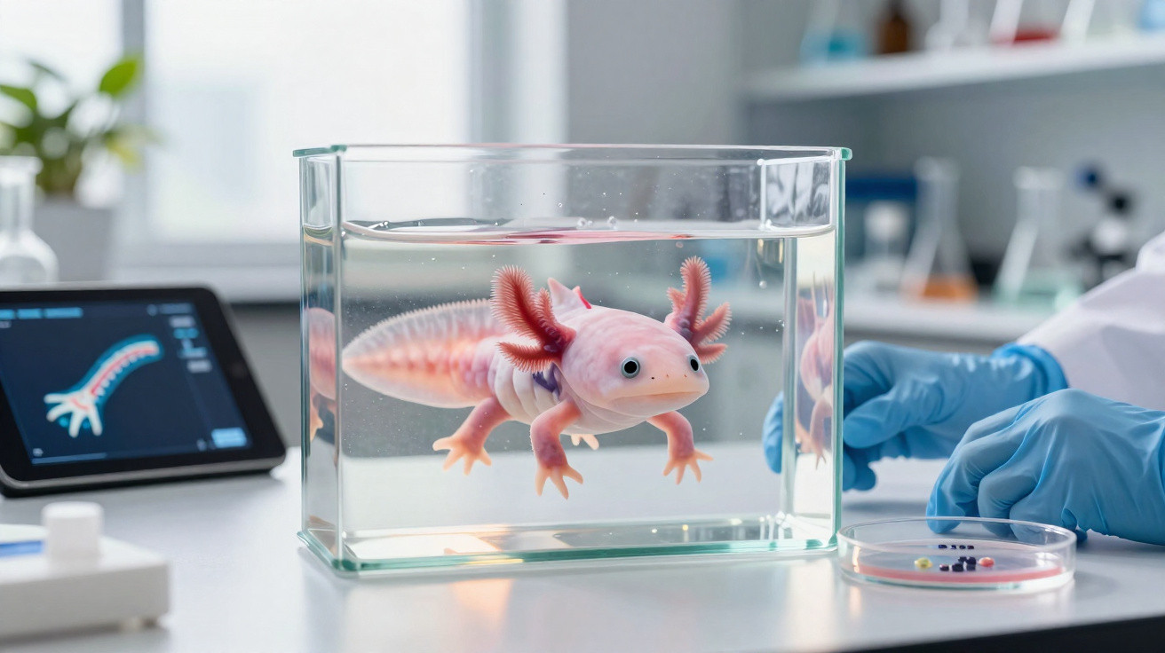 Axolote rosa nadando em aquário transparente em laboratório com cientista usando luvas azuis ao fundo.