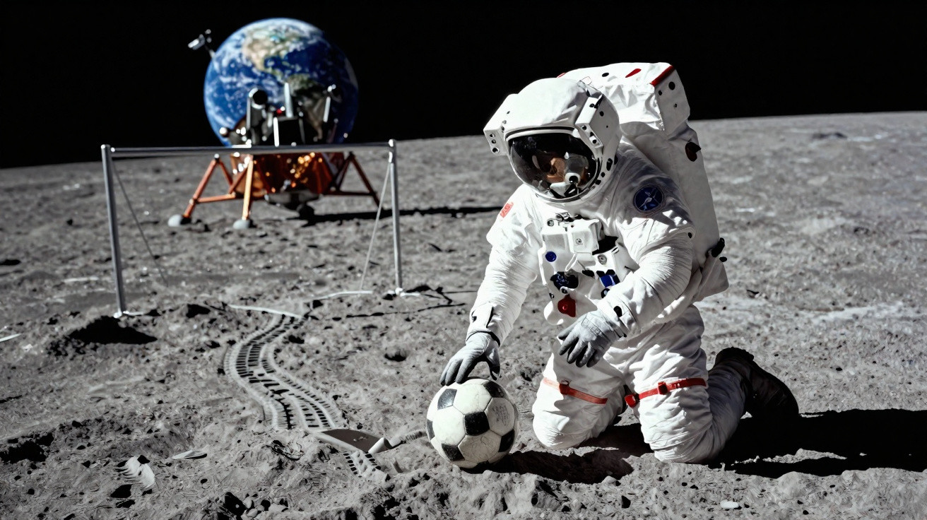 Astronauta ajoelhado na superfície da Lua segurando uma bola de futebol, módulo lunar e Terra ao fundo.