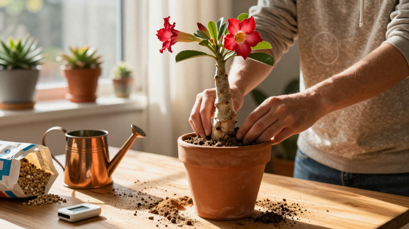 Pessoa cuidando de planta com flores vermelhas em vaso de barro sobre mesa de madeira.