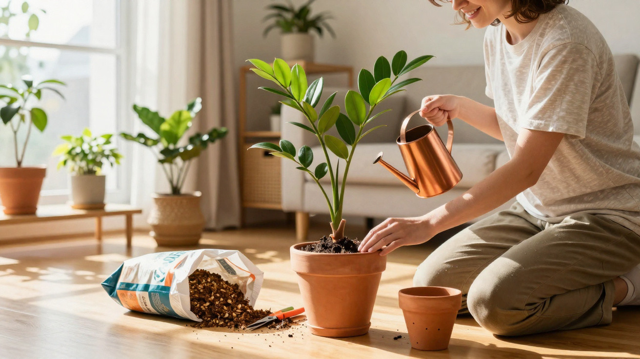 Pessoa regando planta em vaso de cerâmica dentro de casa com luz natural e terra espalhada no chão.