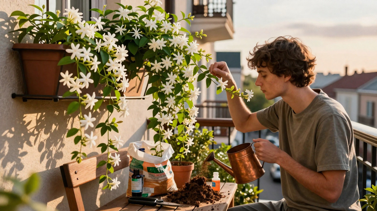Jovem cuidando de plantas brancas em varal de apartamento durante o entardecer.