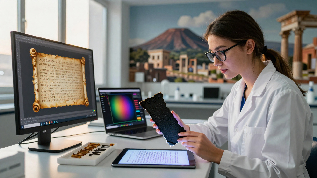 Jovem pesquisadora com jaleco analisa pergaminho e tablet em laboratório com computadores e maquetes.