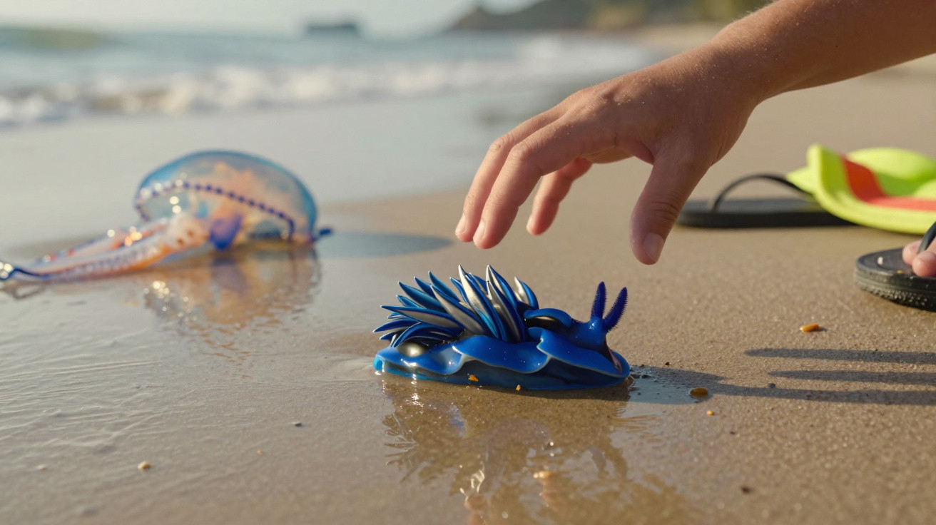 Mão alcançando uma lesma-do-mar azul na areia molhada da praia com água ao fundo.