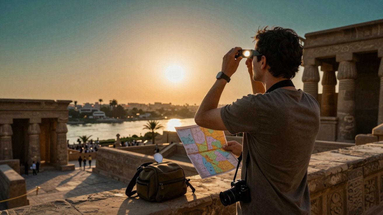 Homem com binóculo e mapa observa o pôr do sol em ruínas históricas ao lado de um rio.