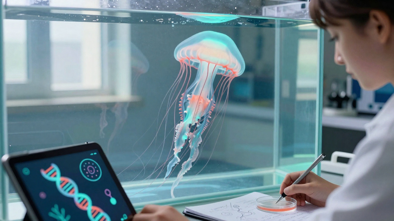 Mulher cientista estudando uma água-viva em aquário com tablet e anotações em laboratório.