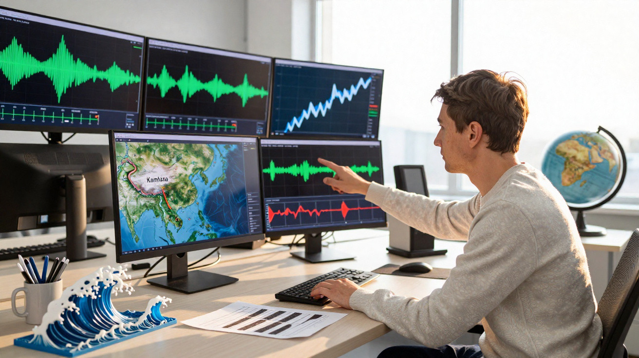 Homem analisando dados sísmicos em múltiplos monitores em escritório moderno com globo terrestre.