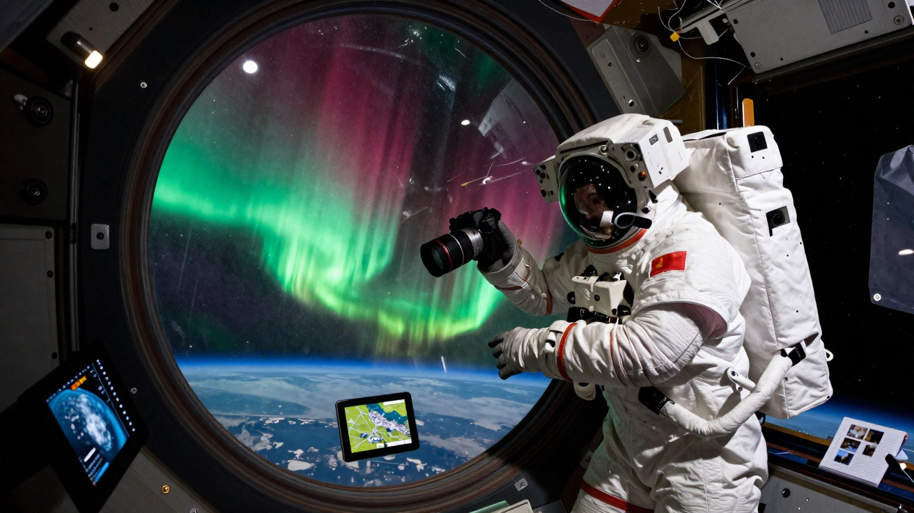 Astronauta na estação espacial fotografando aurora boreal vista do espaço através da janela circular.