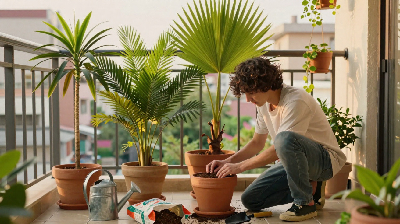 Jovem cuidando de plantas em vasos em uma varanda, com regador e terra ao redor.