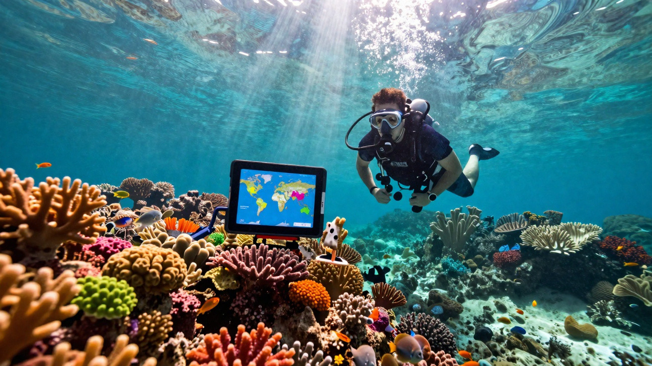 Mergulhador com equipamento completo explorando um recife de corais coloridos com tablet submerso mostrando mapa mundial.