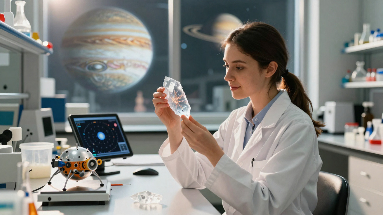 Cientista analisando amostra em laboratório com imagens dos planetas Júpiter e Saturno ao fundo.
