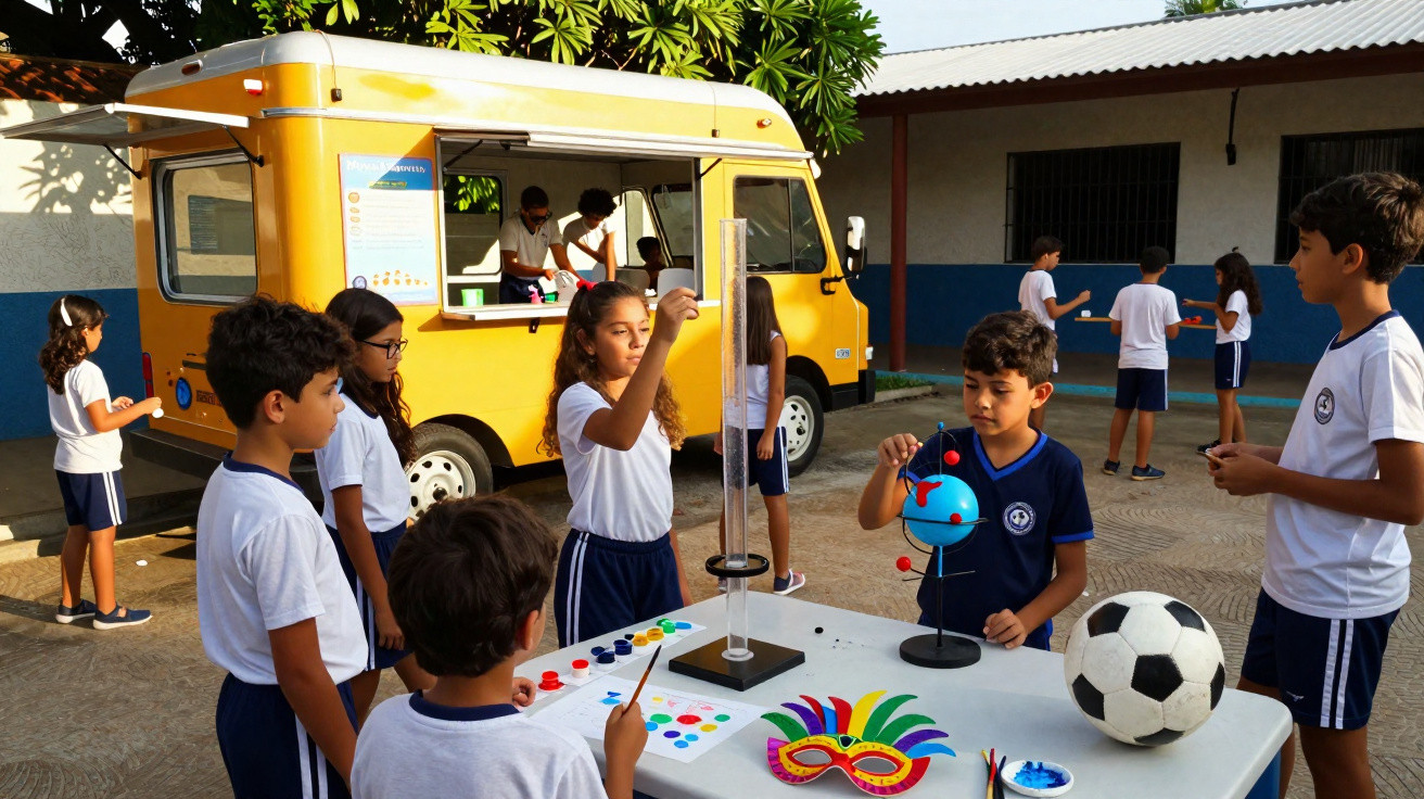 Crianças em uniformes escolares participam de atividades educativas ao ar livre com brinquedos e objetos científicos.