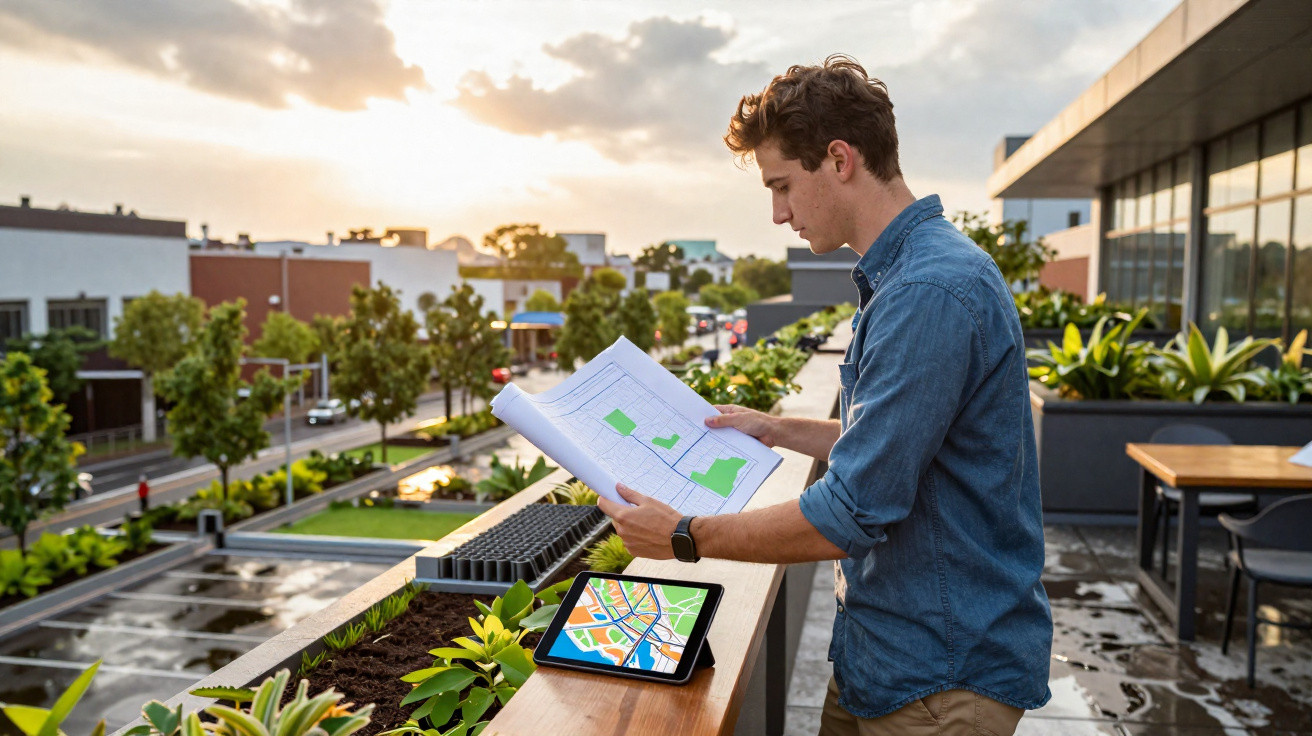 Homem analisando plantas e mapas ao ar livre em varanda com vista para prédios e árvores ao pôr do sol.