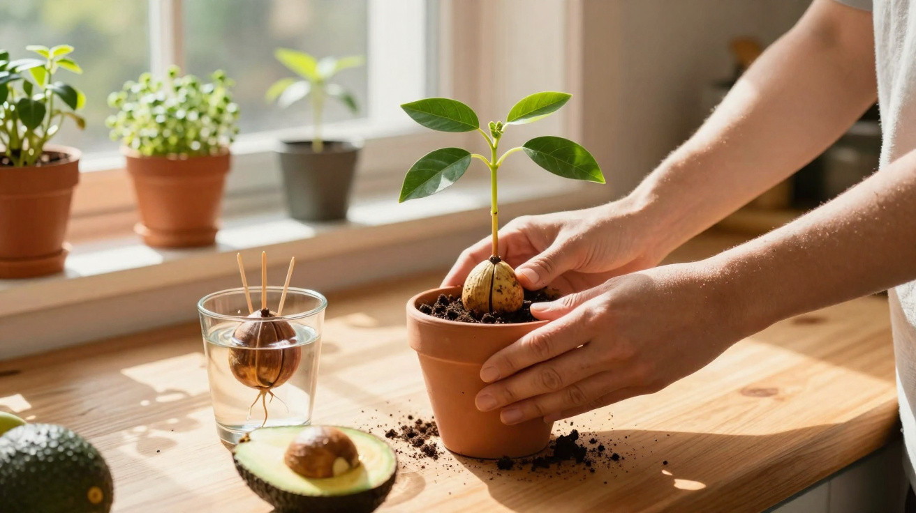 Mãos seguram vaso com muda de abacateiro, com sementes e outros vasinhos na janela iluminada pelo sol.