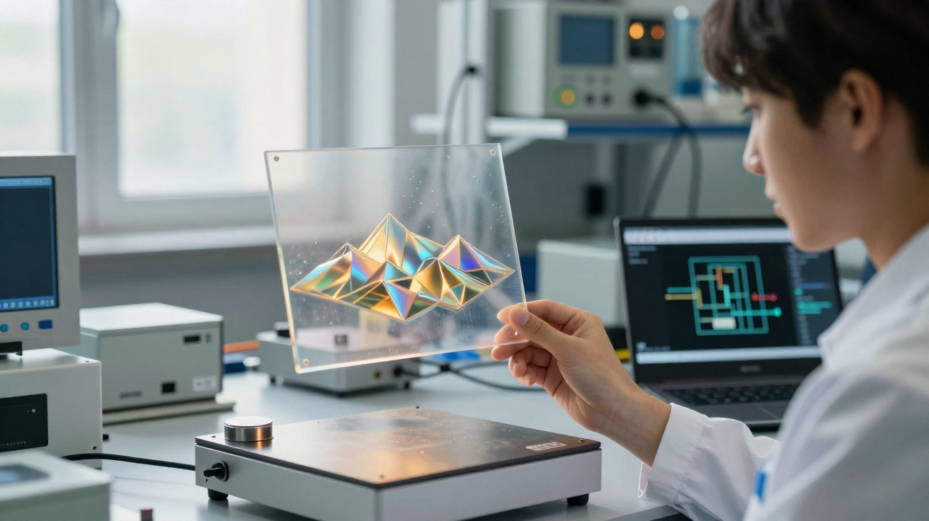 Pesquisadora observa filme com holograma de estruturas geométricas coloridas em laboratório tecnológico.