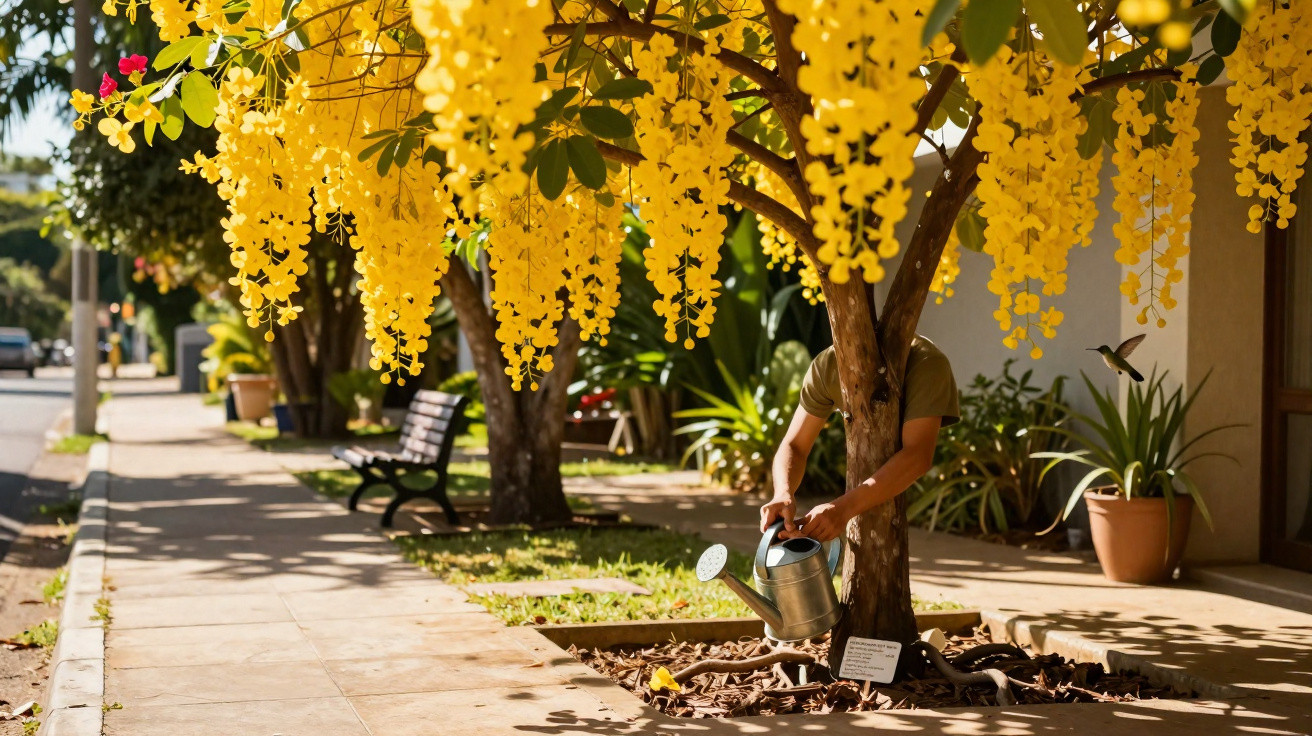 Pessoa regando árvore com flores amarelas pendentes em área urbana ensolarada.