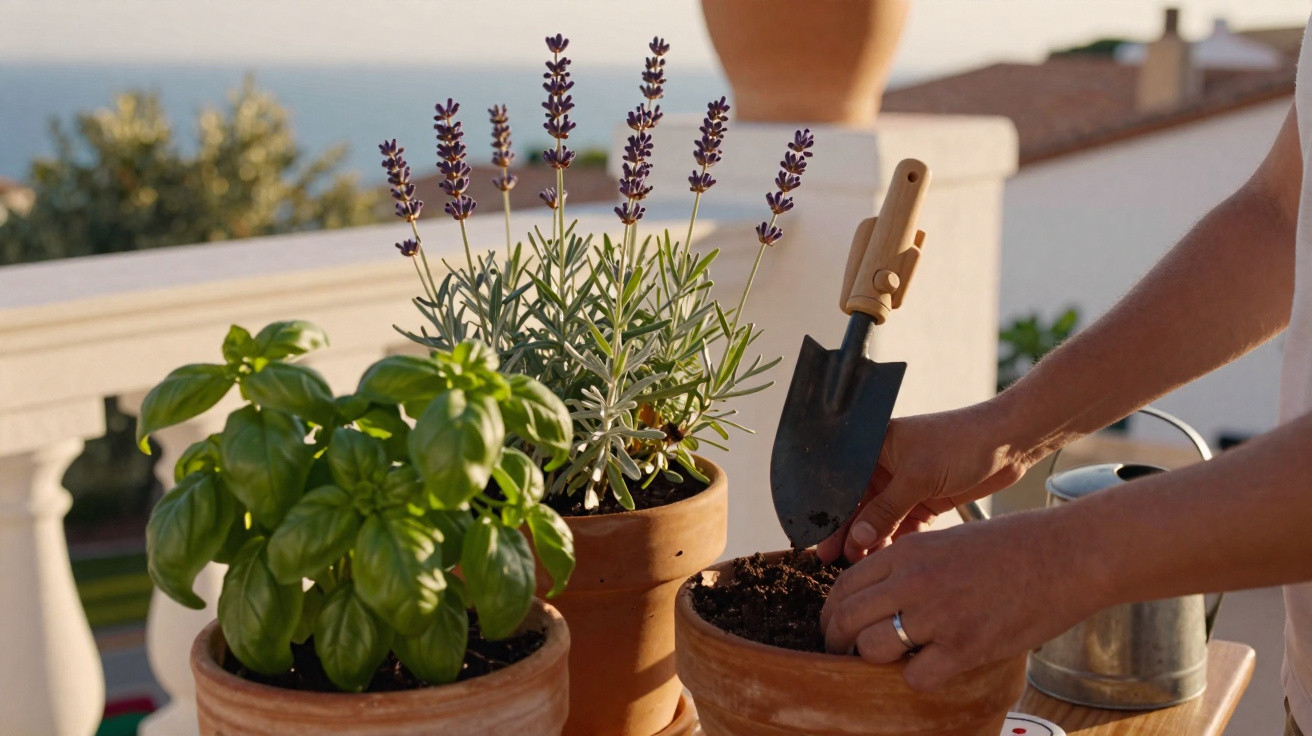 Mãos plantando ervas em vasos de cerâmica em varanda com vista para o mar ao fundo.