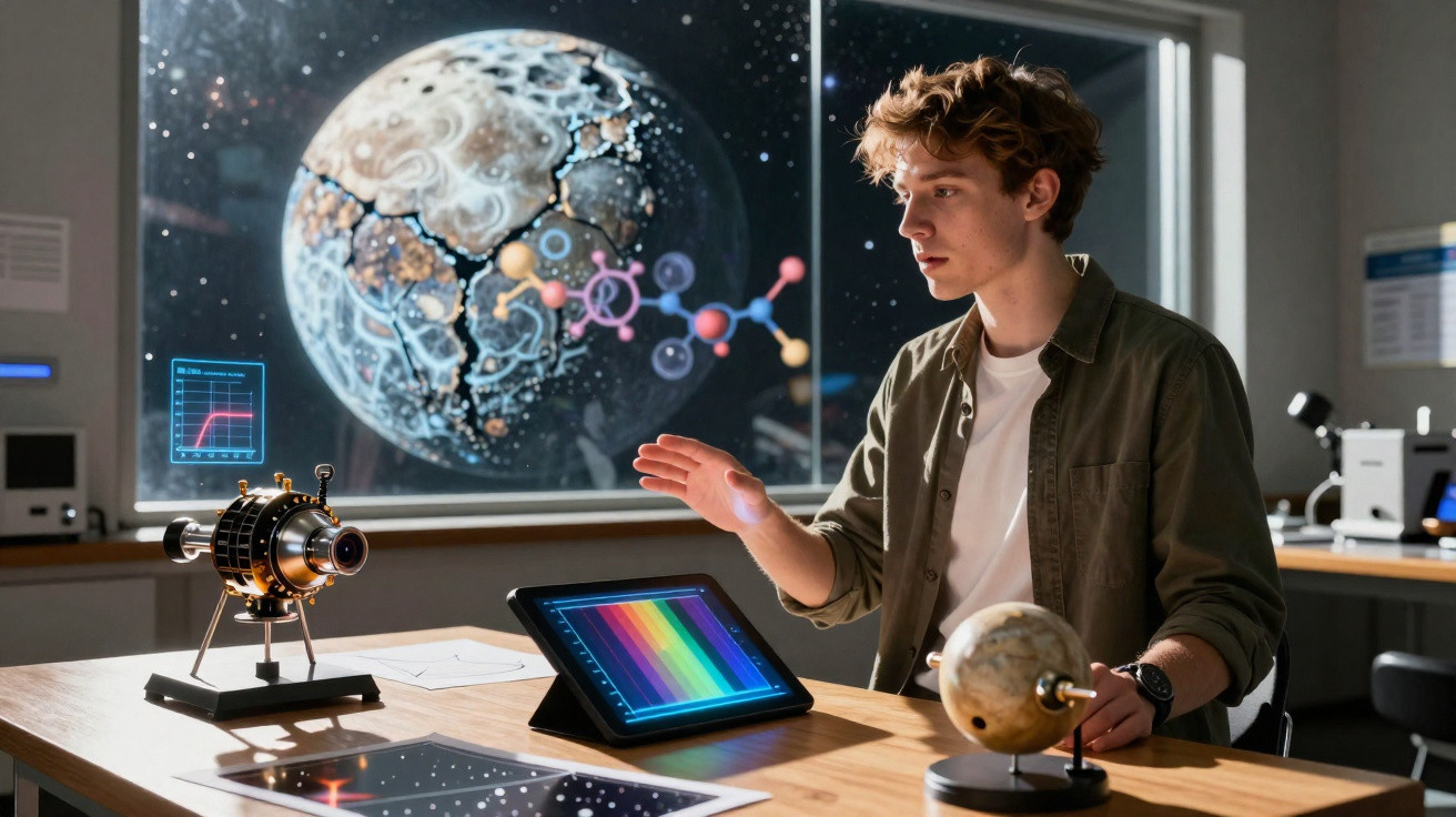 Jovem estuda planeta e moléculas com equipamentos tecnológicos e tela holográfica em laboratório moderno.