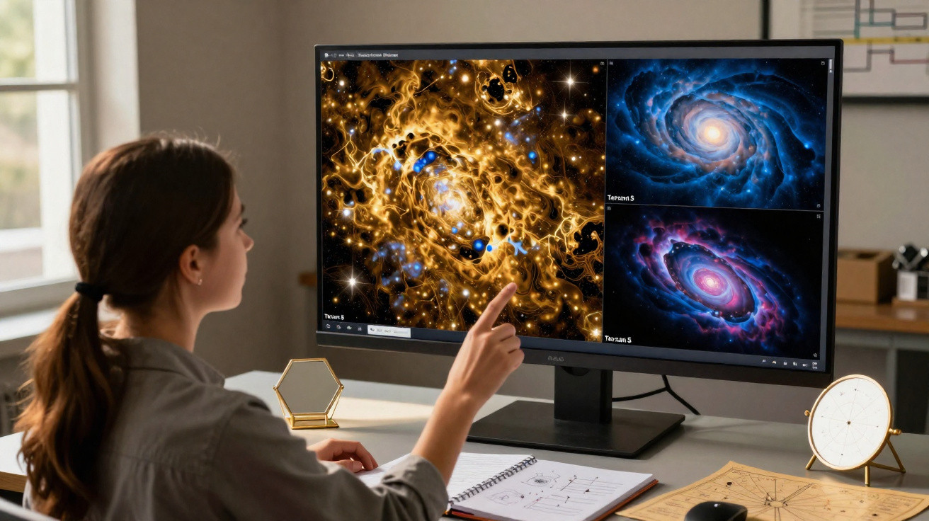 Mulher analisa imagens de galáxias coloridas em monitor de computador em ambiente de estudo.