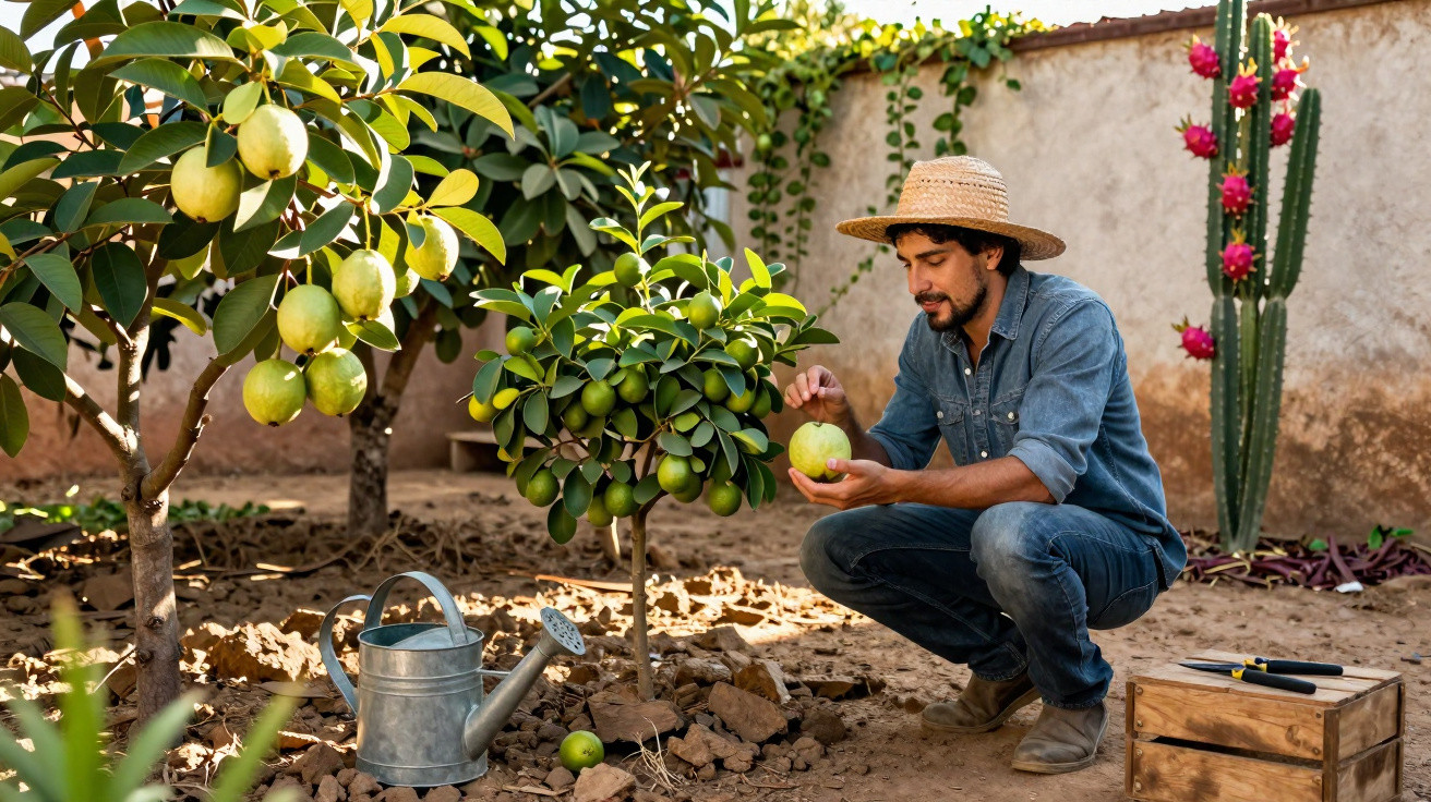 Homem com chapéu de palha cuida de árvores frutíferas em horta com regador e caixa de ferramentas.